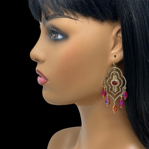 🌼 Open Moroccan Style Swing Gold Red Dangle Earrings - Picture 3 of 3